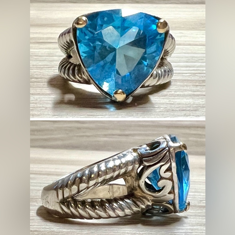 Vintage Designer DS ID Sterling Silver & 18K Gold Blue Topaz Ring, Size 6.5